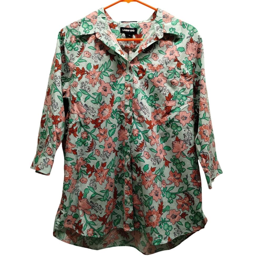 Lands' End Women's 14p Green Pink Floral 3/4 Sleeve Button Up No Iron Supima Top